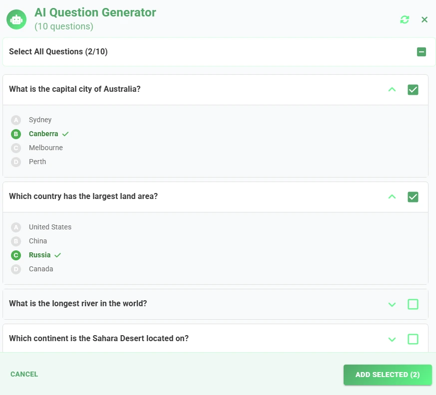 Review and select AI questions