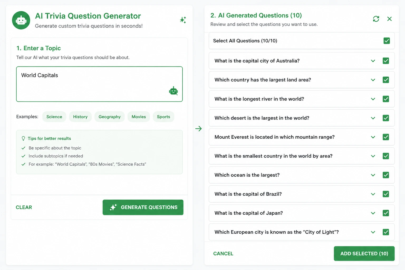 AI question generator creating game show questions automatically from a topic in TriviaMaker
