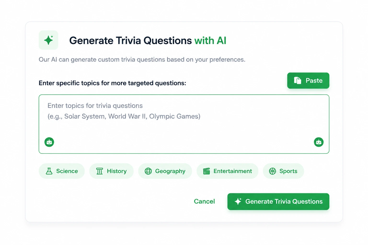 Enter a prompt or upload a file to TriviaMaker's AI quiz generator