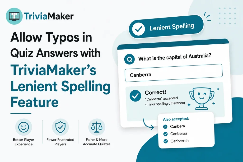 TriviaMaker Lenient Spelling feature allowing minor typos in open-ended quiz answers for a better quiz experience.