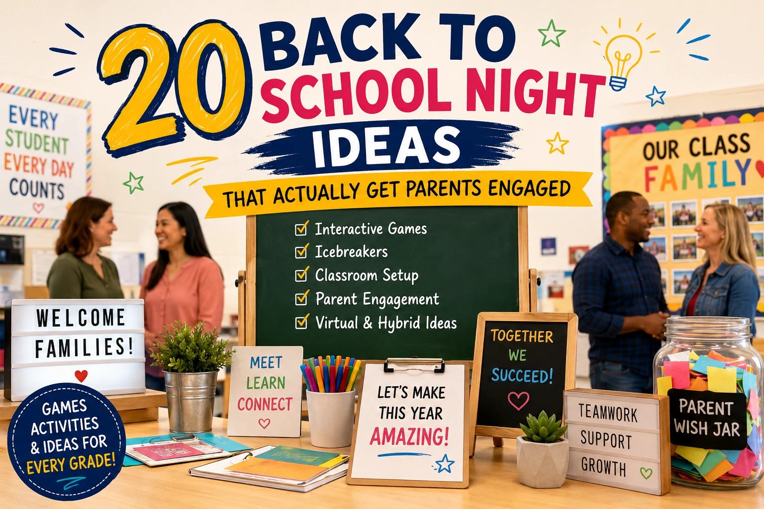 Back to school night ideas with interactive parent engagement activities, classroom setup, trivia games, and icebreakers for teachers