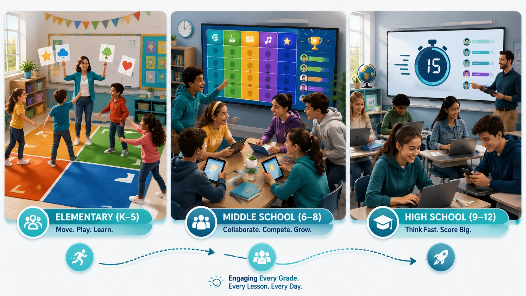 Interactive classroom games by grade level  -  elementary, middle school, and high school formats