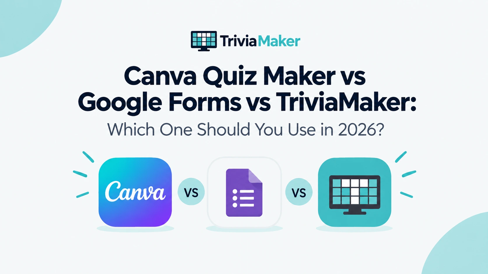 Canva Quiz Maker vs Google Forms vs TriviaMaker comparison guide showing three quiz-making tools, online quiz maker features, classroom quizzes, live trivia games, interactive quizzes, and the best quiz maker to use in 2026.