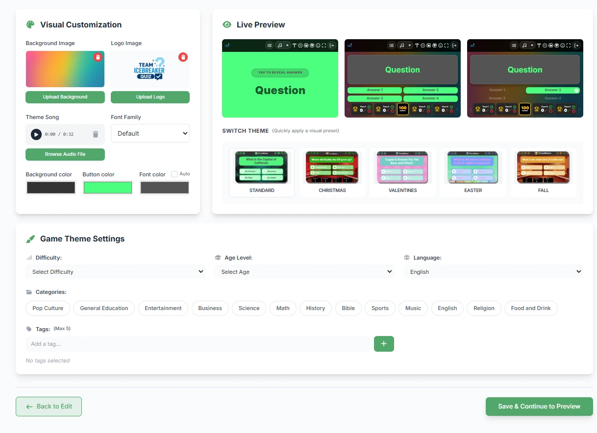 Custom branding options in TriviaMaker showing logo, colors, and background customization