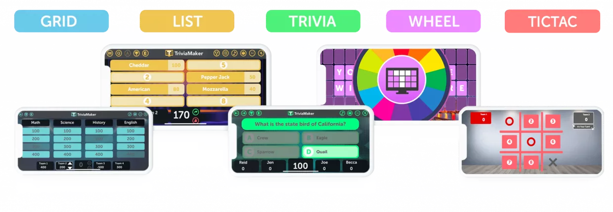 5 different trivia game styles.
