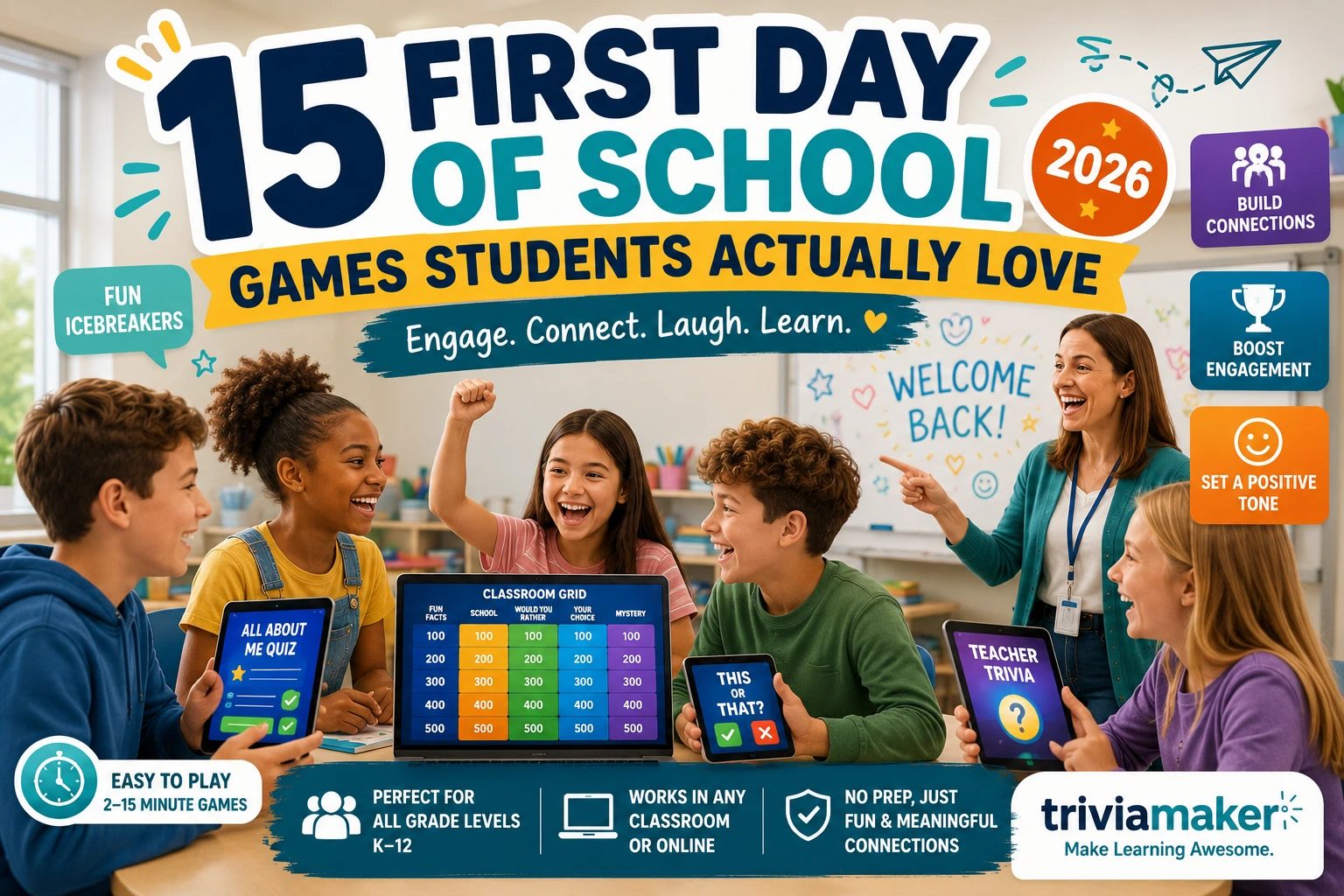 Students playing interactive first day of school games in a classroom with fun icebreaker activities, teacher-led quizzes, and category board review games for elementary, middle, and high school students.