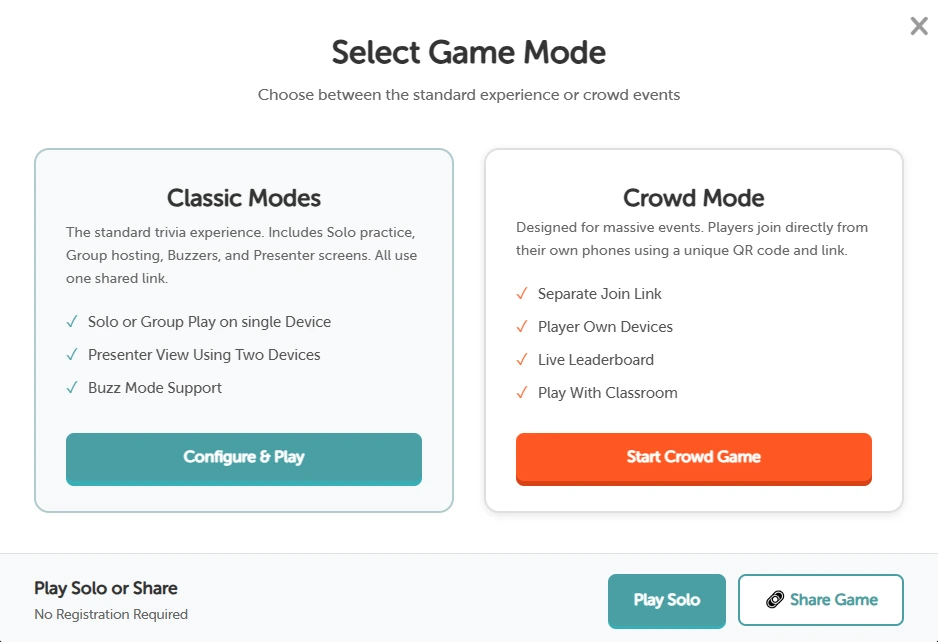 TriviaMaker game mode options showing Basic, Presenter, Crowd, Buzz, Solo, and Assignment modes