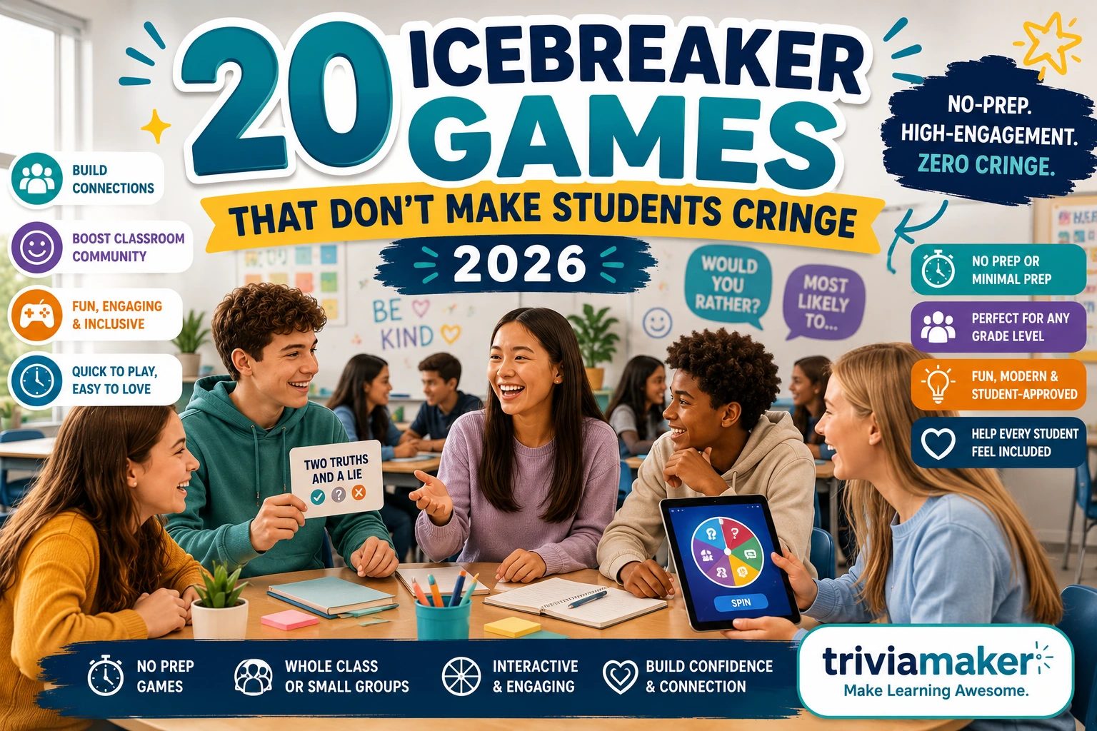 20 icebreaker games for students in a classroom featuring interactive first day of school activities, team-building games, and fun classroom icebreakers for elementary, middle, and high school students.