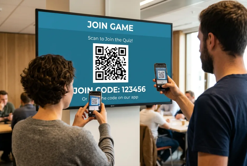 people joining trivia game show with qr