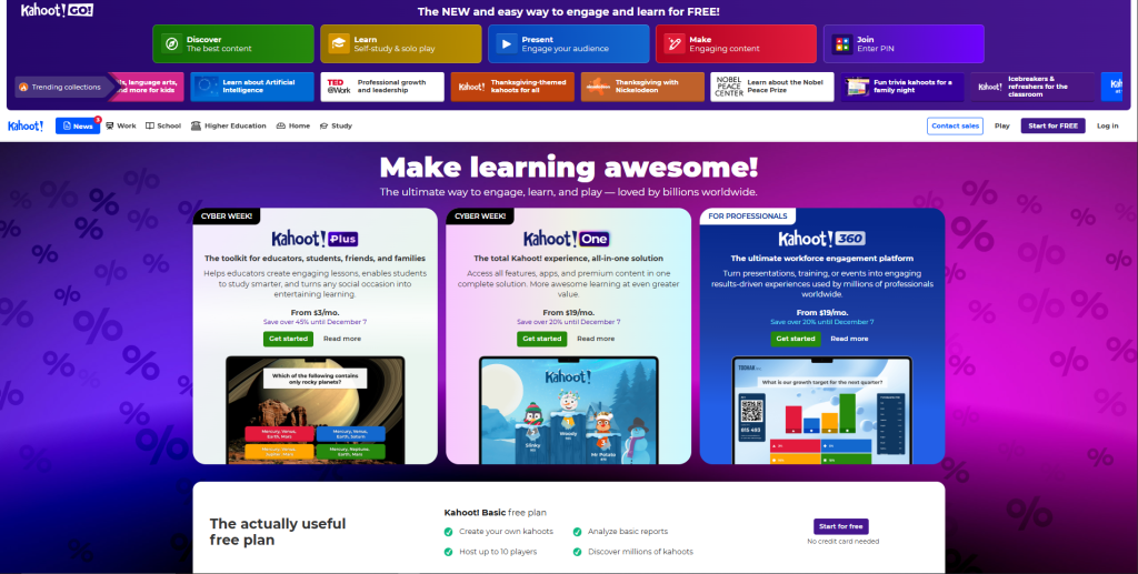 Kahoot quiz game platform home screen