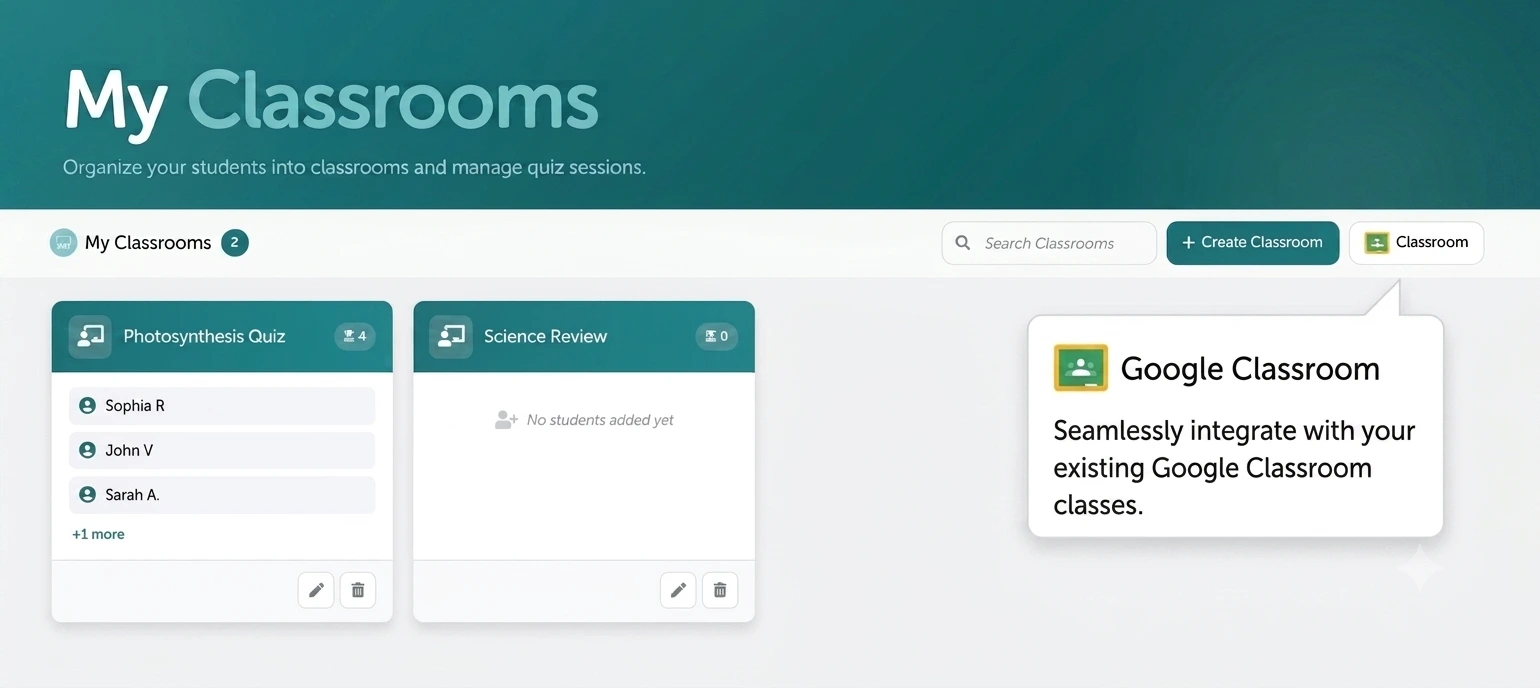My Classrooms dashboard in TriviaMaker showing classroom management interface