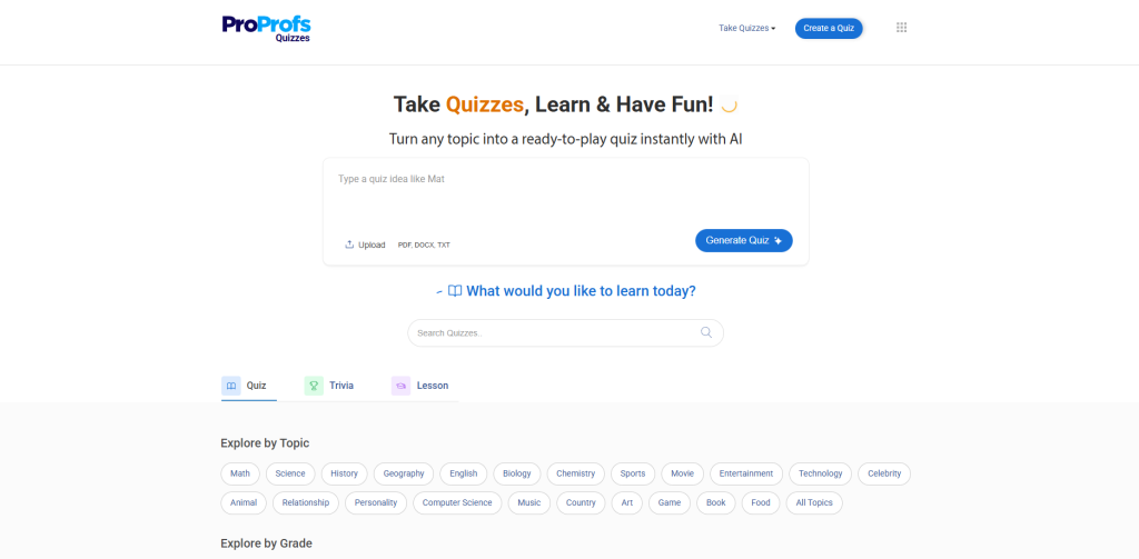 ProProfs quiz maker for formal assessments