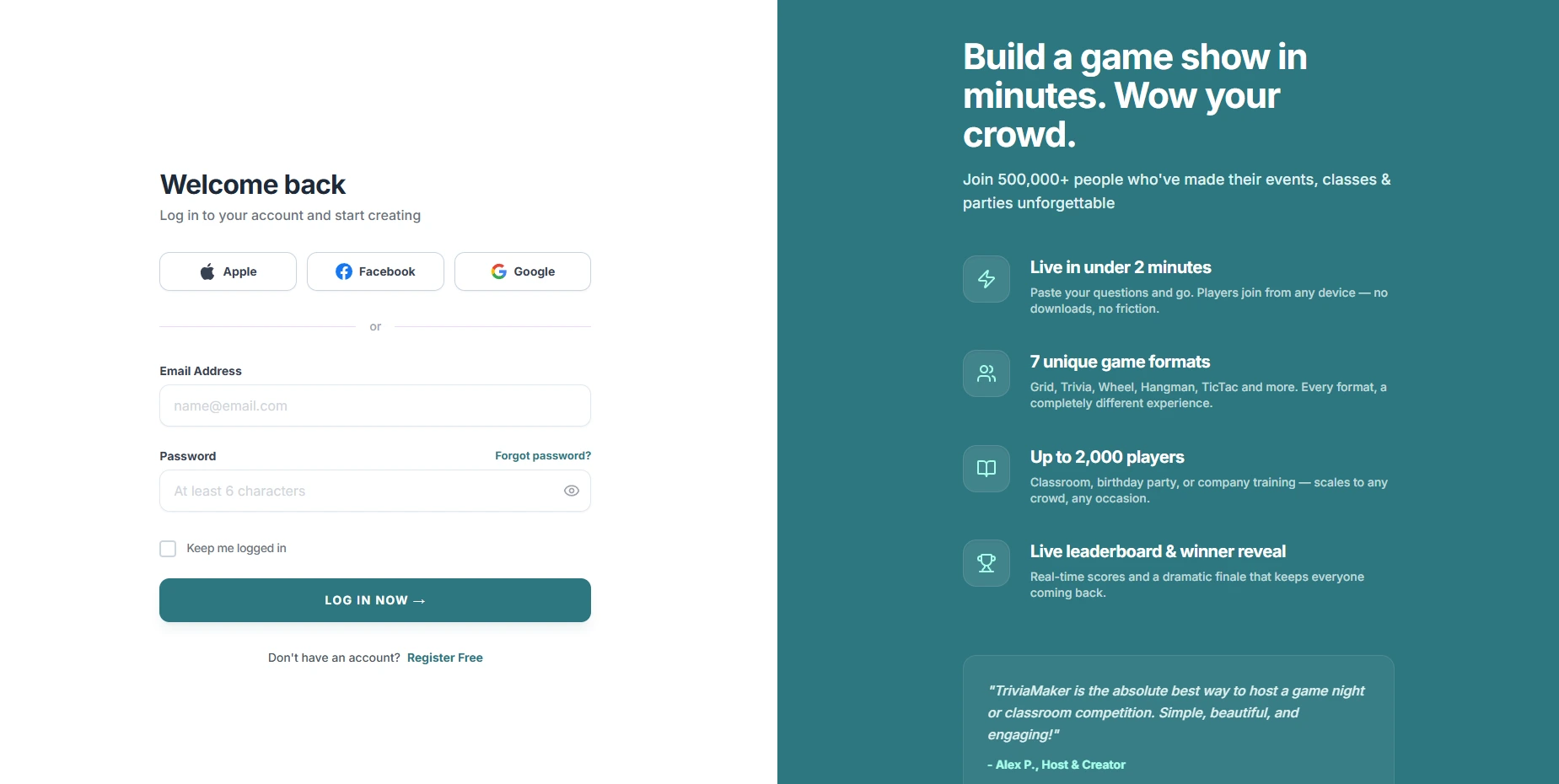 TriviaMaker sign up screen for creating a free quiz account
