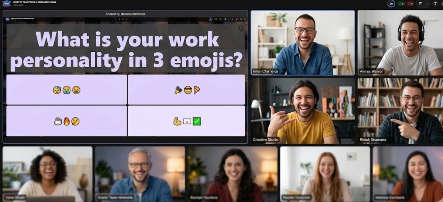 Remote team playing an online trivia game together over video call.