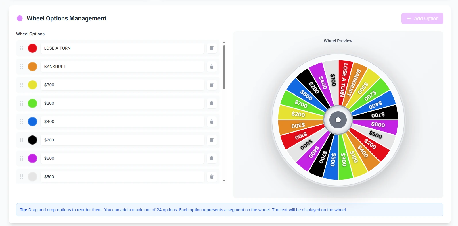 Wheel editor screen showing drag-and-drop segment ordering and live preview